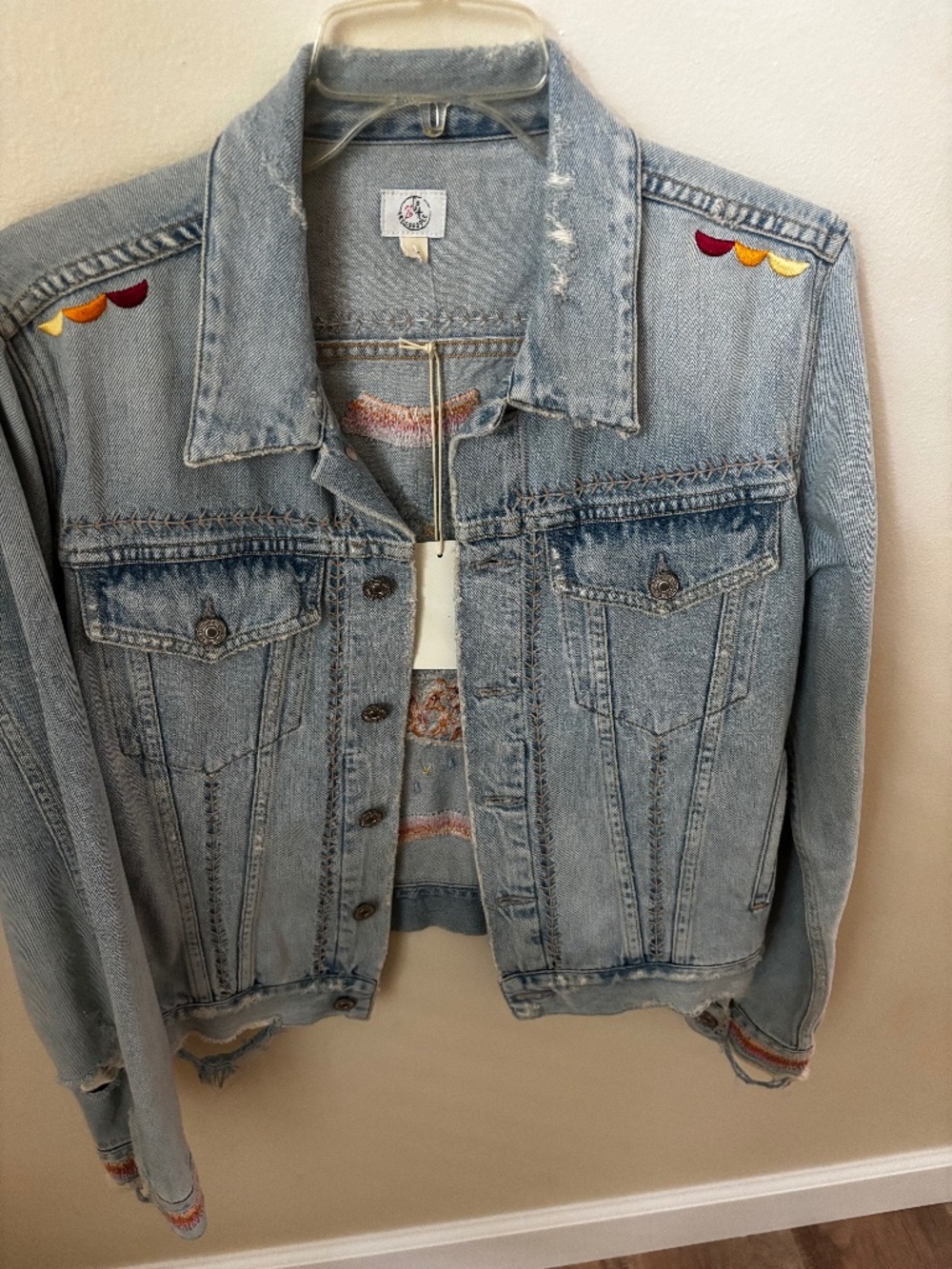 Free People‎ Embroidered Denim Jacket large humanity distressed NWT
